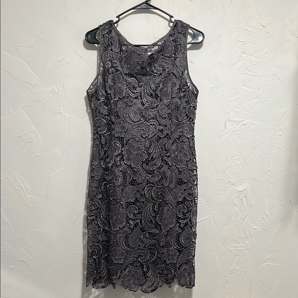 Elegant Gray Lace Dress; Sleeveless Grey Lace Dress size 10
